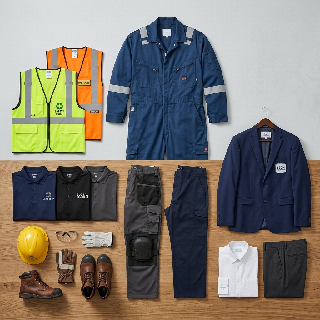Industrial workwear uniforms manufactured by Creative Concept - coveralls, safety vests, corporate polos